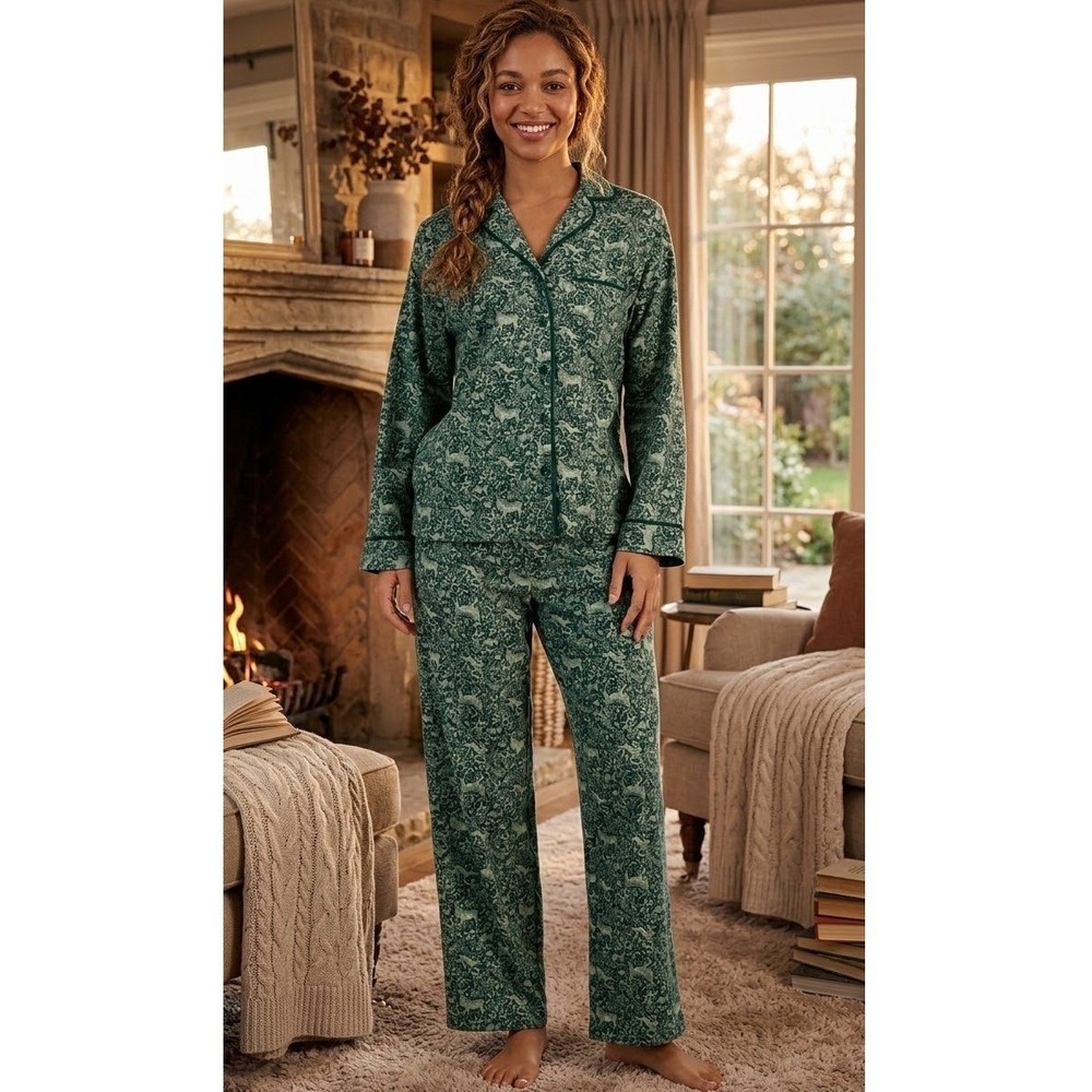 Charter Club Flannel Pajama Set Cotton Animal Garden Green NWT Soft Cozy Large